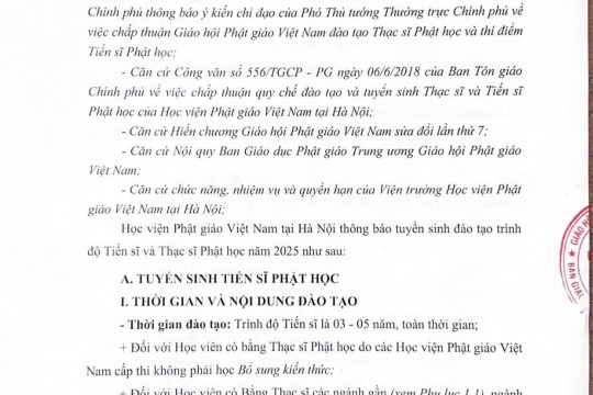 THÔNG BÁO Tuyển sinh đào tạo Tiến sĩ và Thạc sĩ Phật học năm 2025