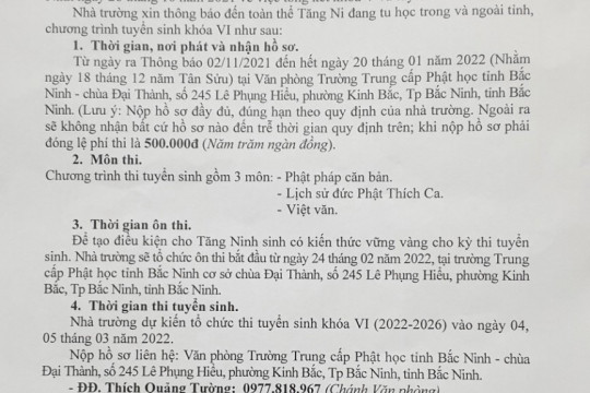 Trường Trung cấp Phật học tỉnh Bắc Ninh: Thông báo tuyển sinh khóa VI (2022 – 2026)